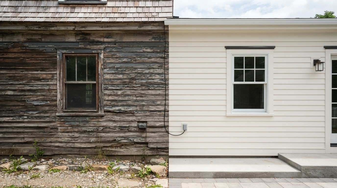 Weathered wood clapboard siding on a residential home near Bowie, Maryland transitioning to a renewed exterior