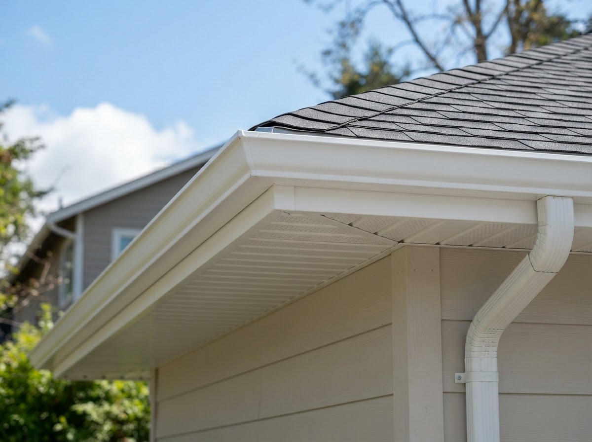 Residential roofline eave showing soffit and fascia trim detail
