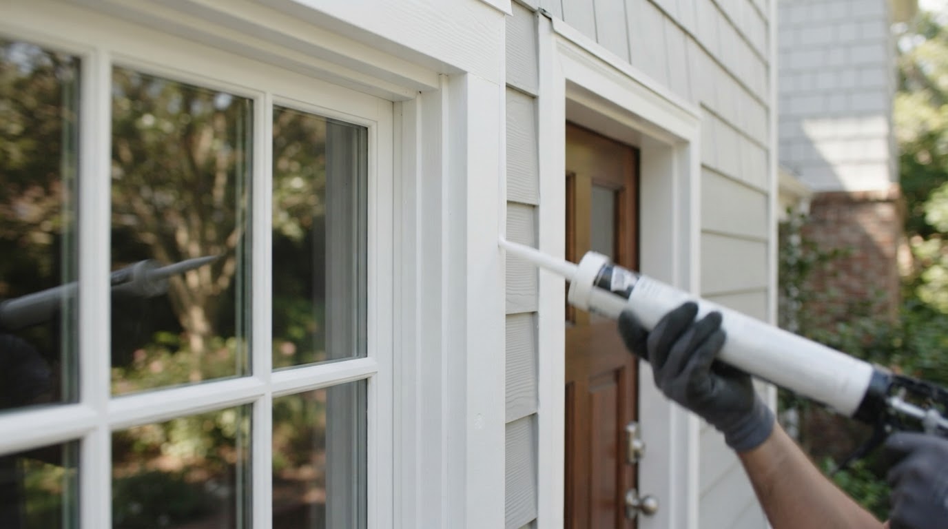 Exterior window and door trim being repaired and resealed on a residential home near Bowie, Maryland