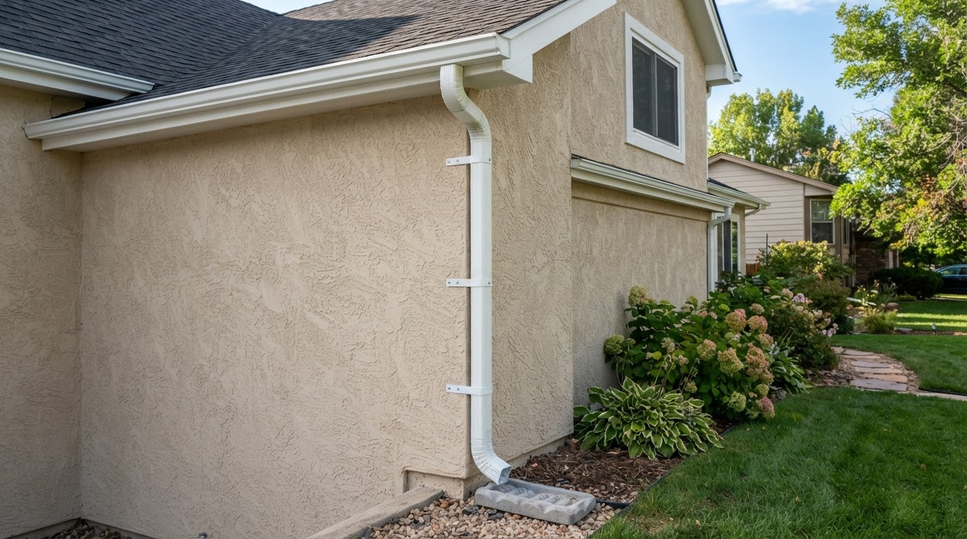 New downspout replacing a damaged older section on a residential exterior near Bowie, Maryland