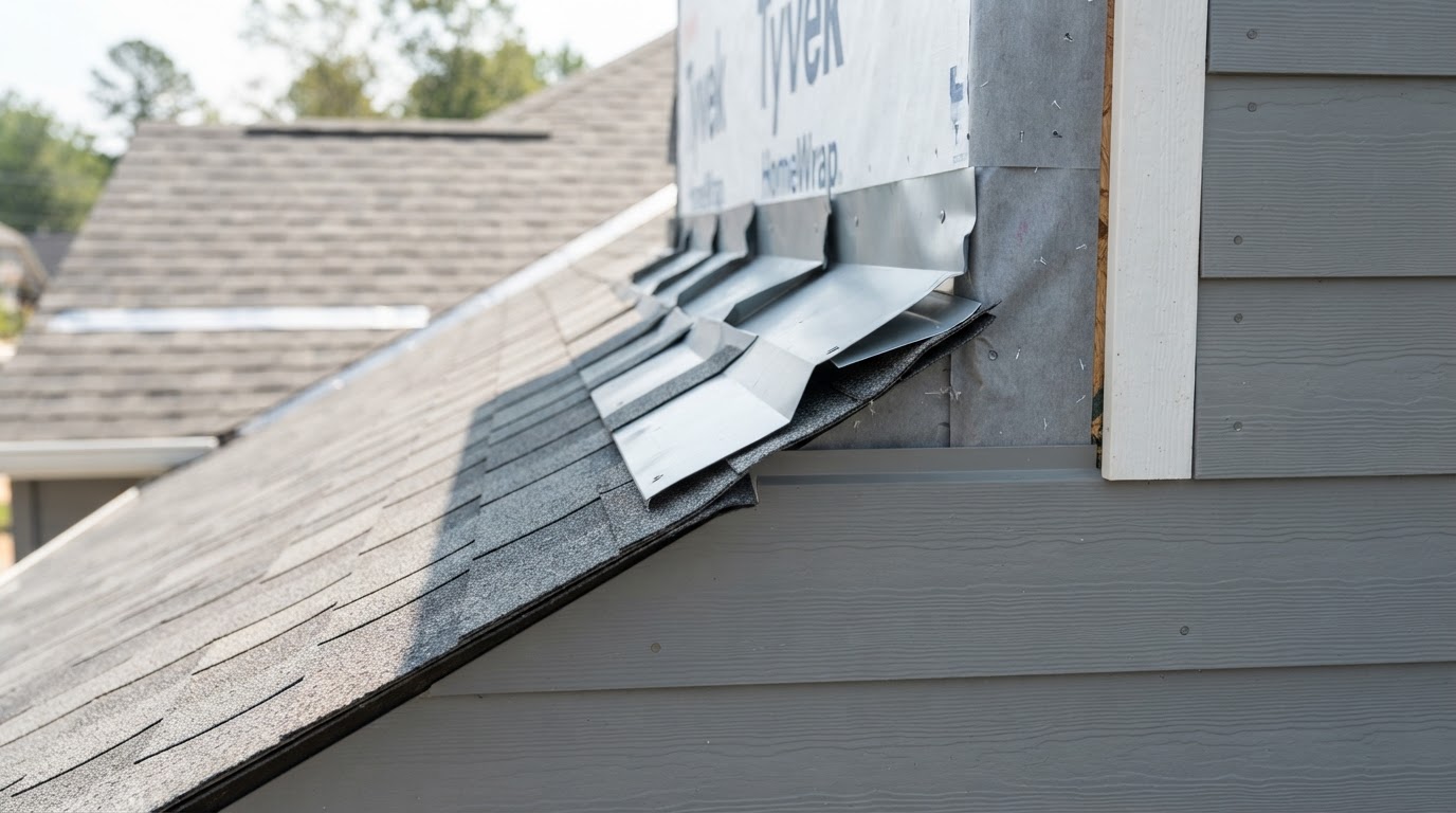 Flashing detail at a wall transition behind siding during a repair project near Bowie, Maryland