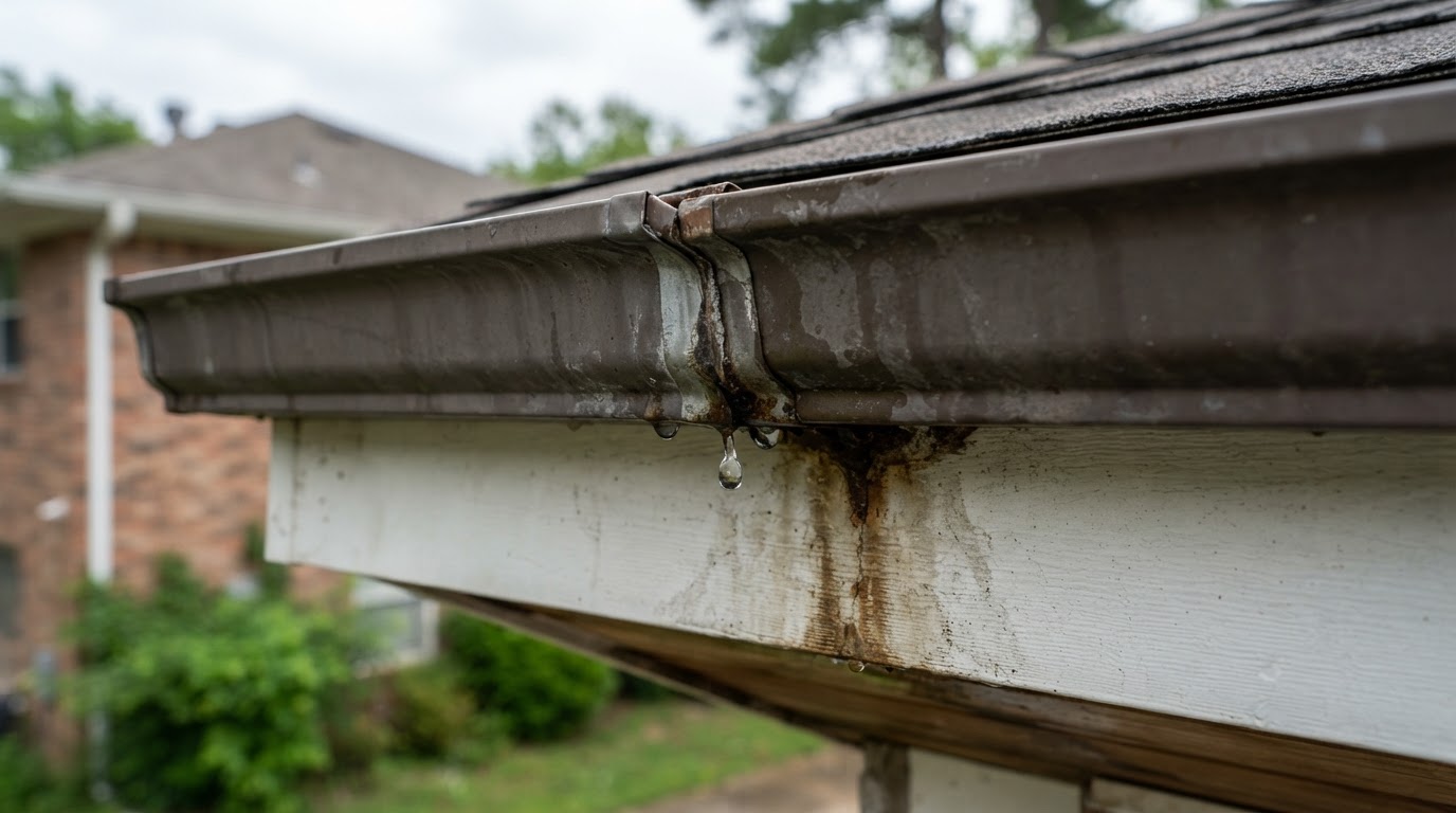 Gutter seam leak being inspected on a residential eave near Bowie, Maryland