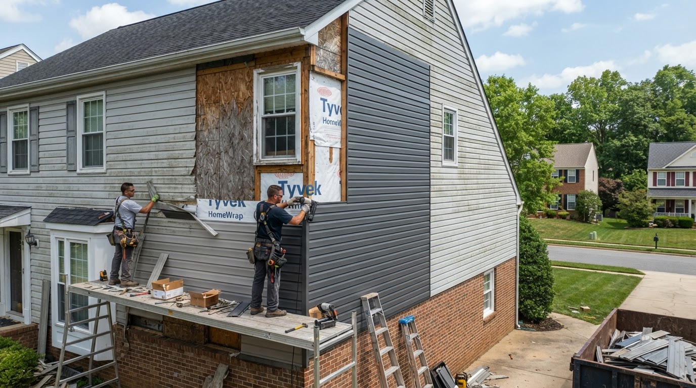 Old vinyl siding removed from a residential wall near Bowie, Maryland exposing the sheathing and weather barrier before new siding installation