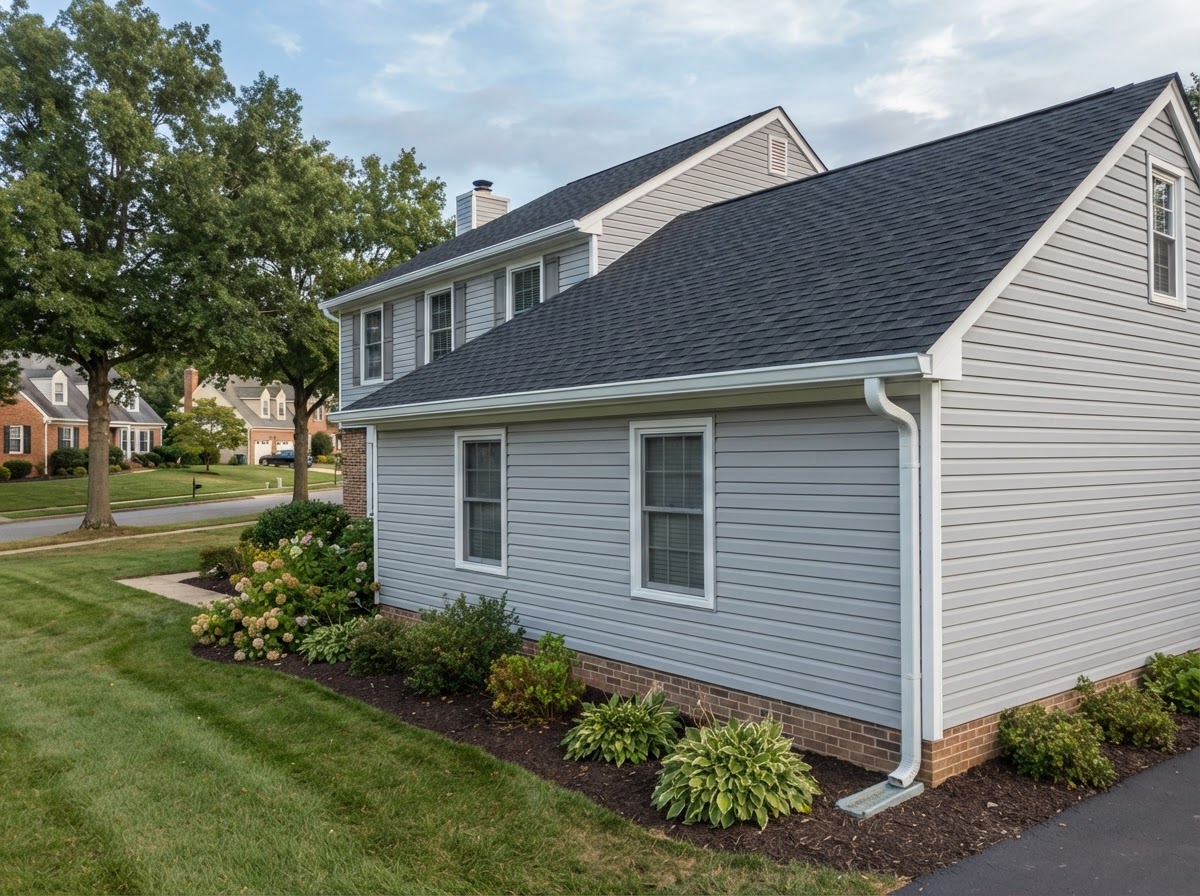 Seamless continuous gutter run along the roof edge of a home near Bowie, Maryland