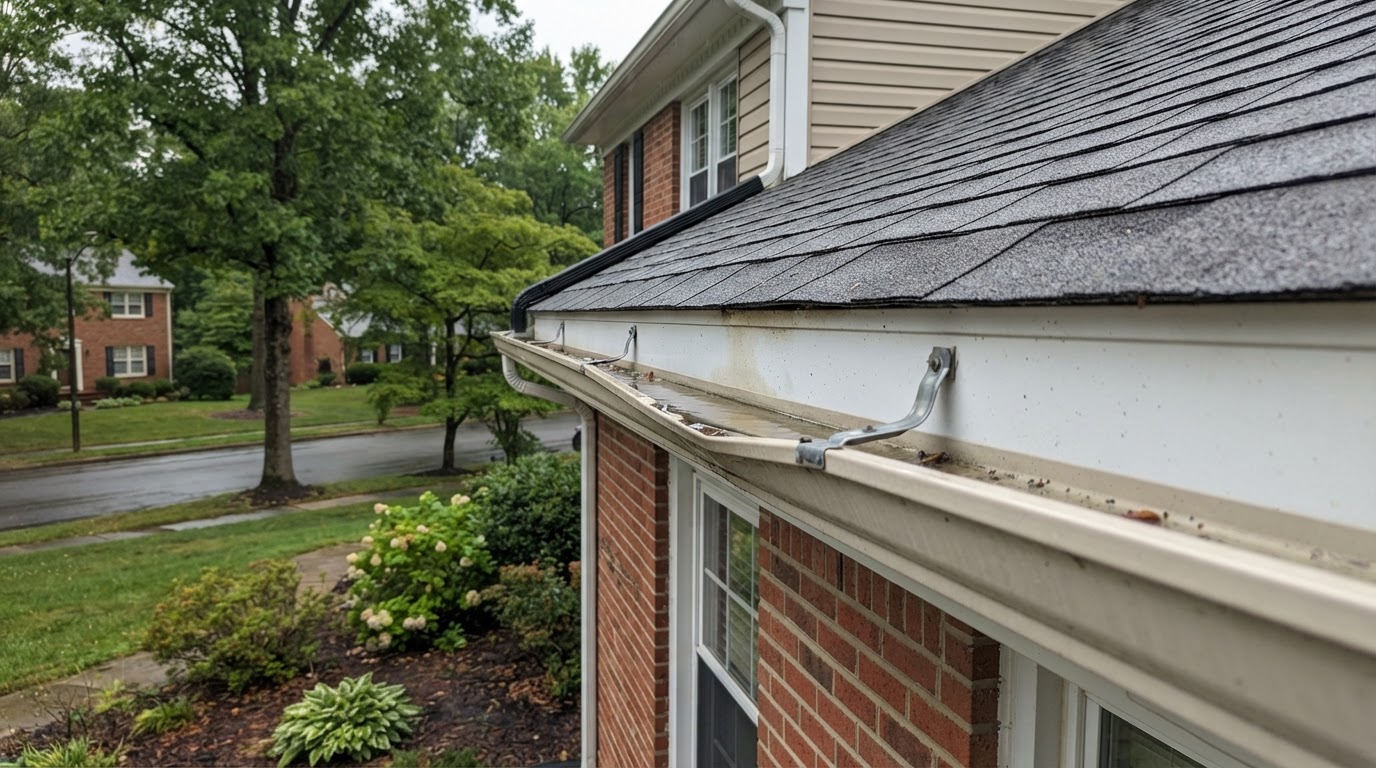 Sagging residential gutter with a visible dip along a roof eave near Bowie, Maryland