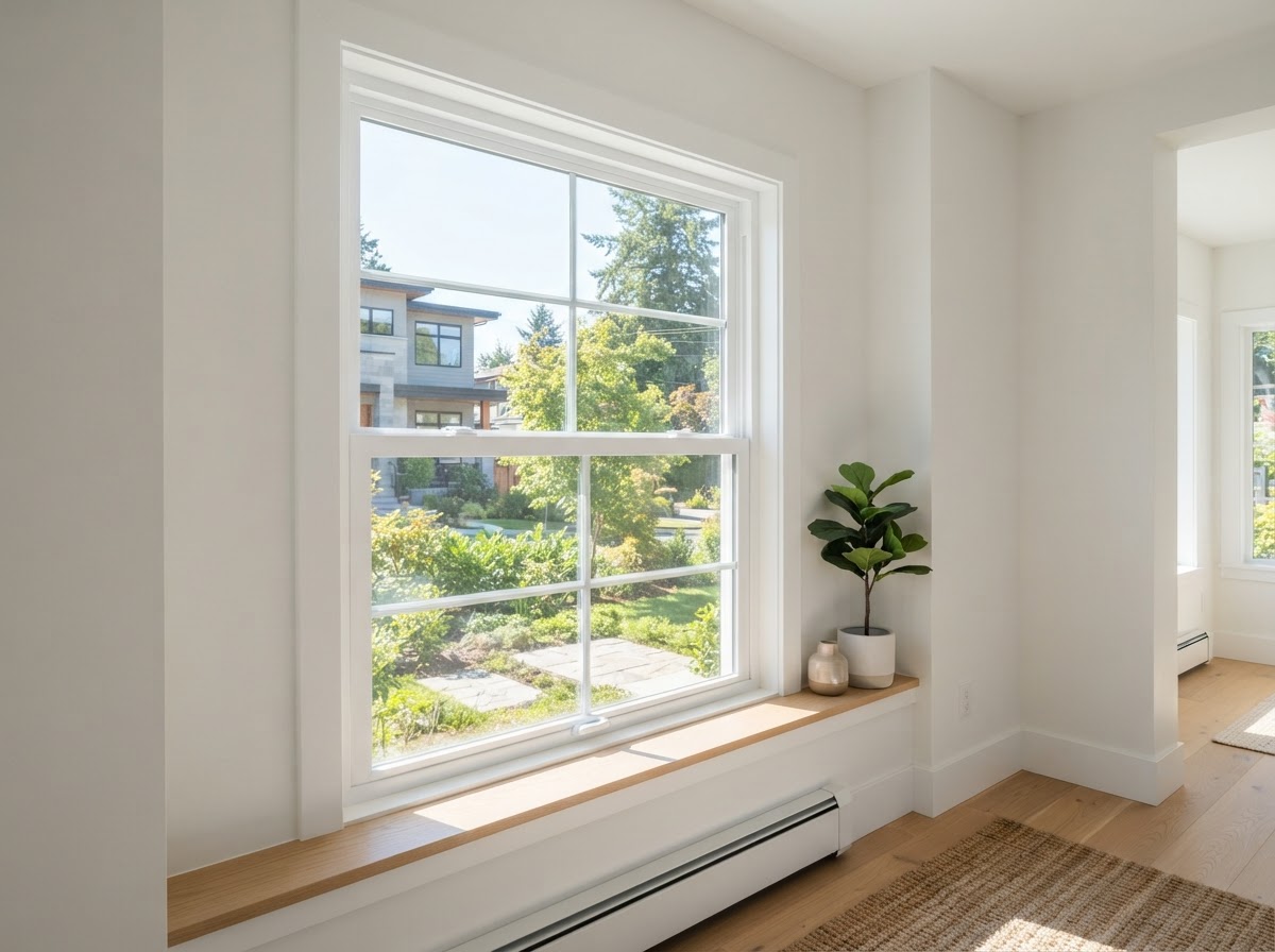 Single-hung replacement window with fixed upper sash and operable lower sash on a Bowie, Maryland home