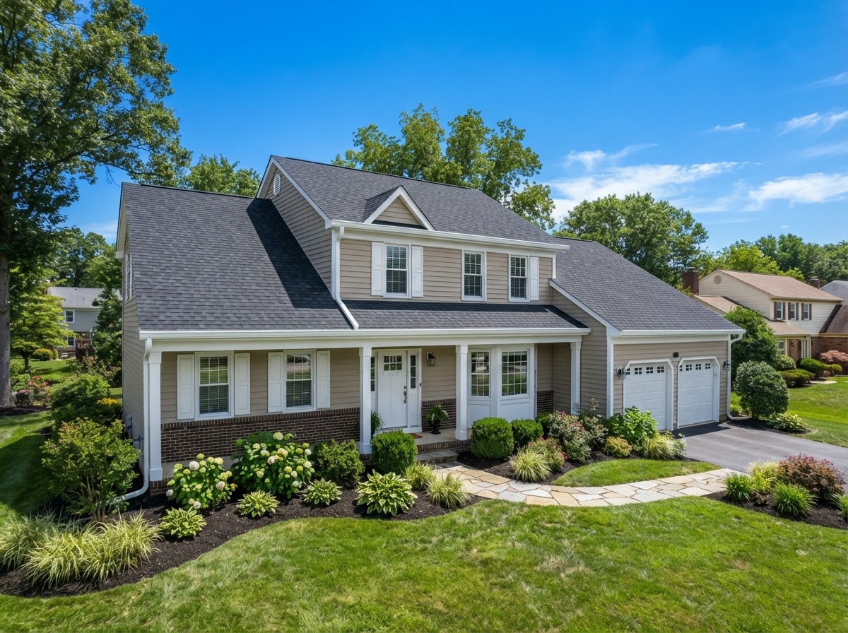 Newly installed residential gutter along the roofline of a home near Bowie, Maryland