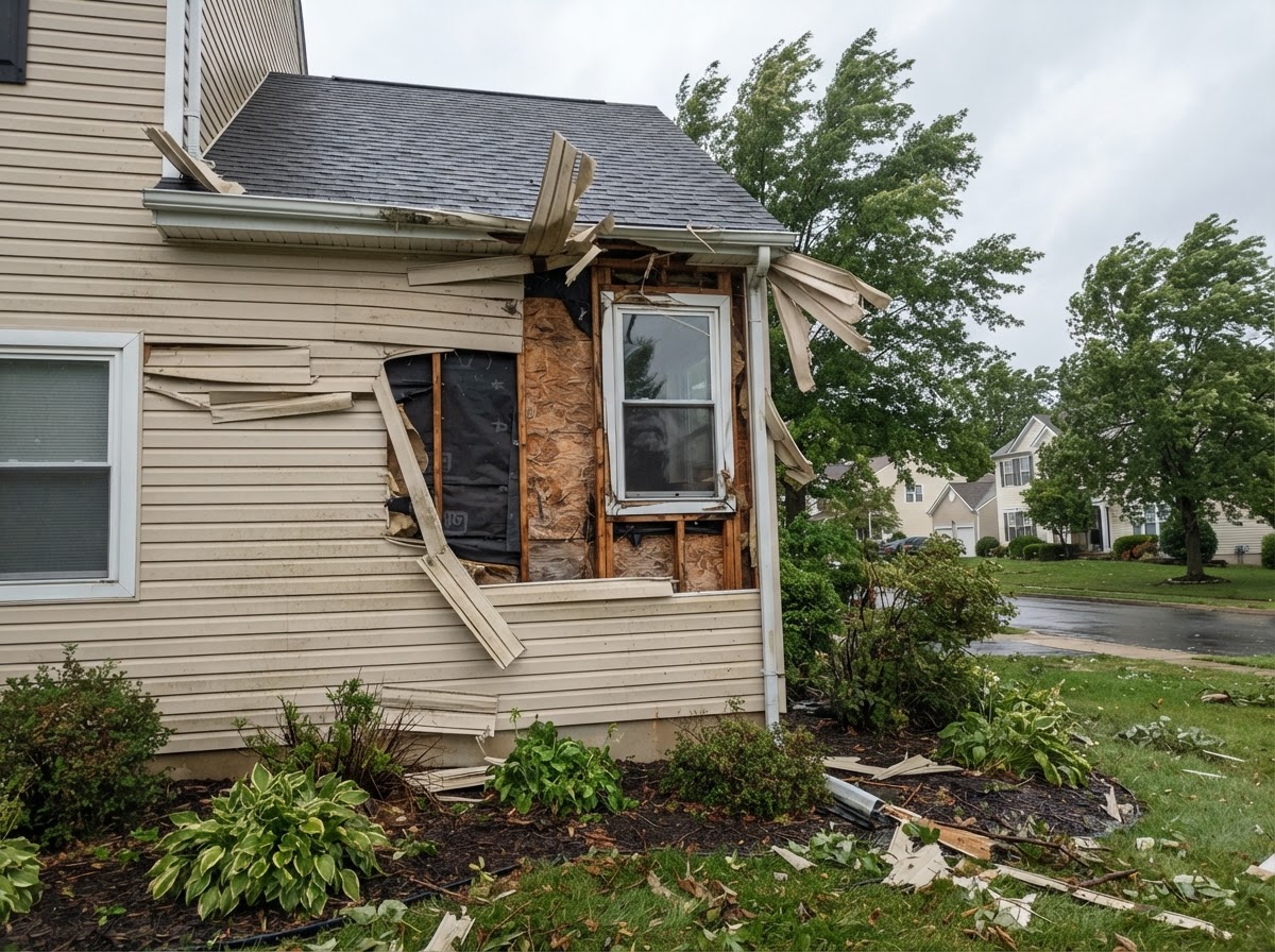 Wind-damaged vinyl siding on a residential home exterior