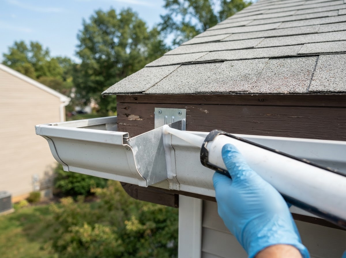 Gutter corner miter joint being resealed on a residential eave near Bowie, Maryland