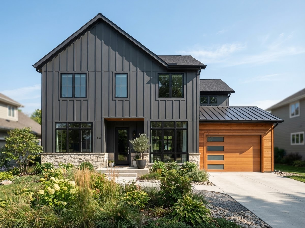 Vertical board and batten siding on a two-story home exterior
