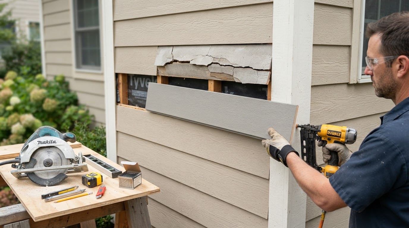 Damaged fiber cement siding board being repaired and replaced on a residential home near Bowie, Maryland