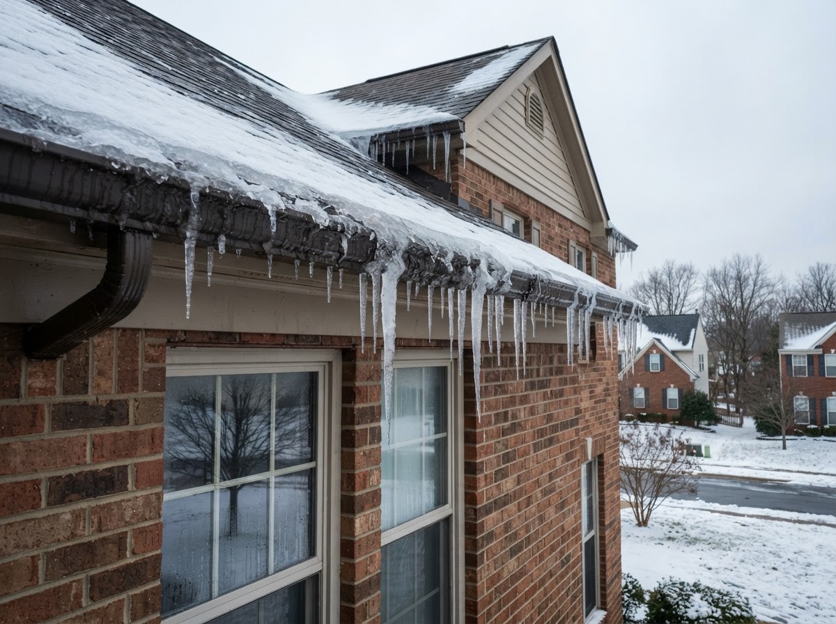 Residential gutter with moderate winter ice and icicles along a roof eave near Bowie, Maryland