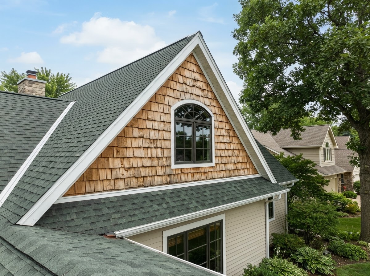 Shake style siding on a residential home gable accent