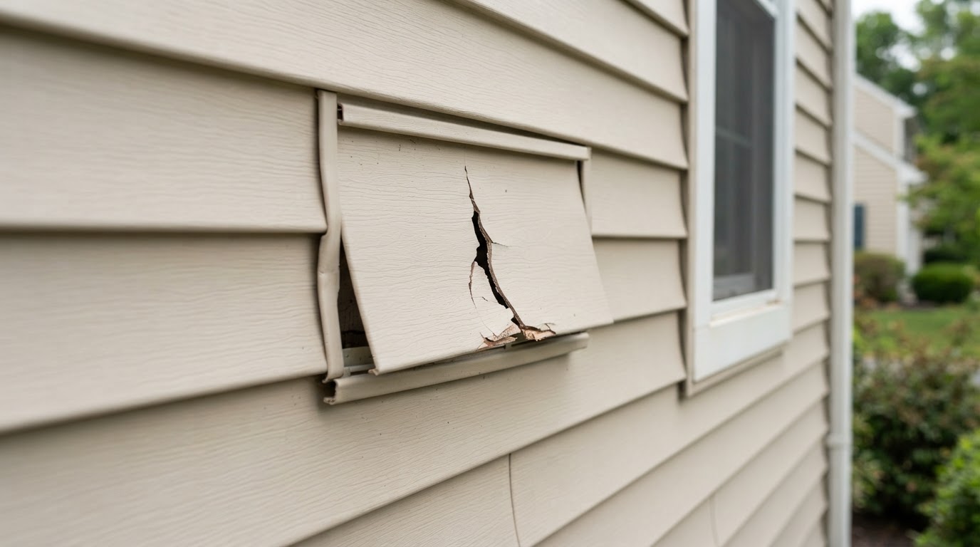 Damaged vinyl siding panel being assessed for repair or replacement on a residential home near Bowie, Maryland