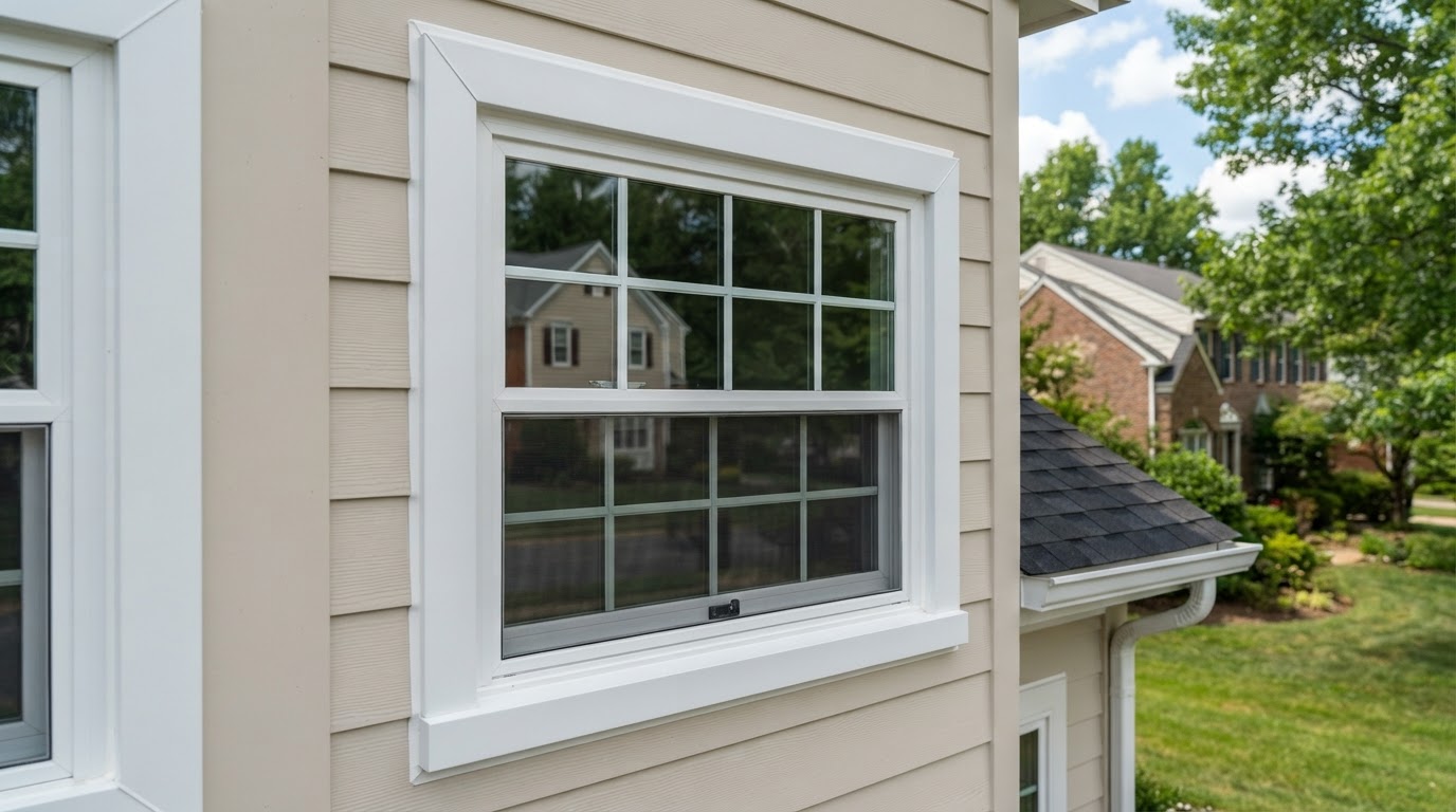 Window trim wrapped with formed aluminum capping on a residential home near Bowie, Maryland