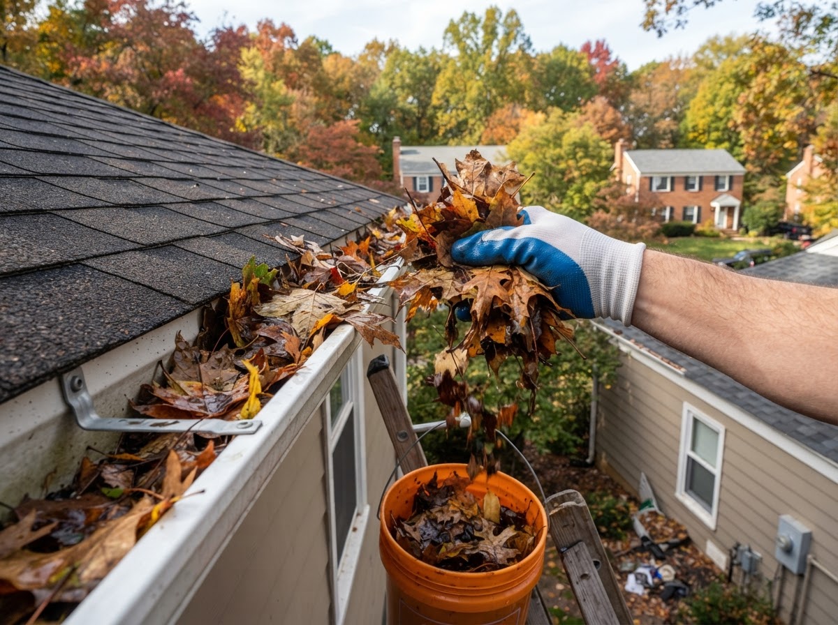 Gutter filled with autumn leaves being cleaned on a home near Bowie, Maryland