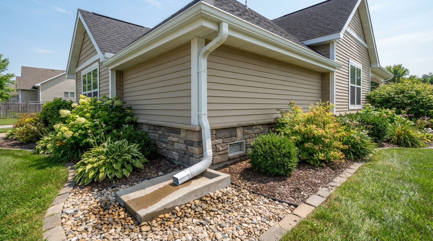 Downspout extension directing roof runoff away from the house wall on a home near Bowie, Maryland