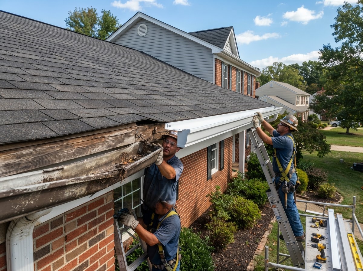 Residential gutter replacement project with old gutters being replaced near Bowie, Maryland