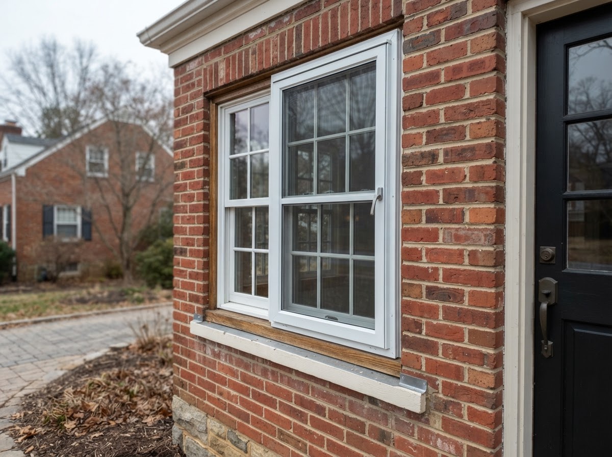 Storm window installed over an existing primary window on a residential home near Bowie, Maryland for winter draft protection
