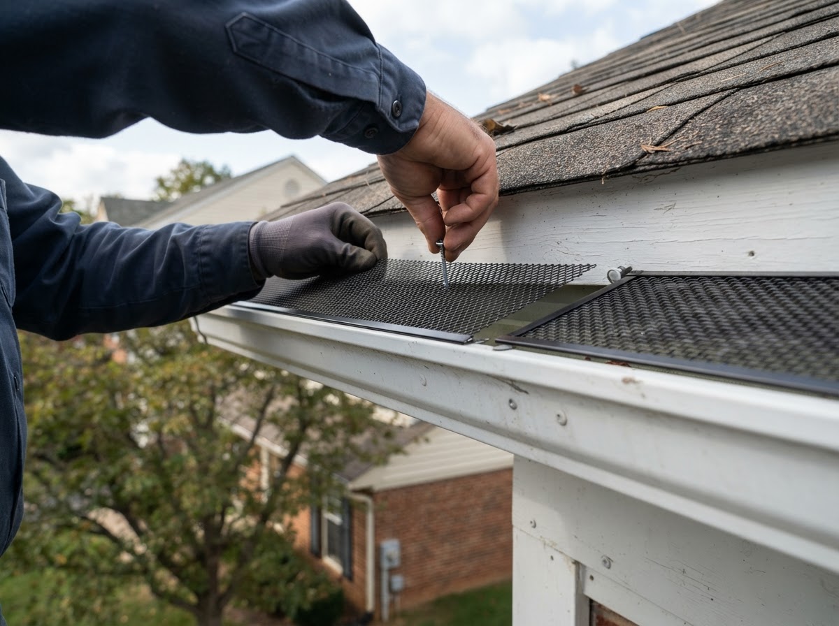 Gutter guard section being adjusted along a residential roof eave near Bowie, Maryland