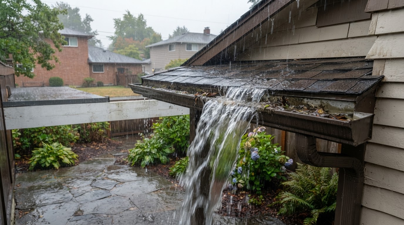 Gutter overflowing with water spilling over the edge during rainfall near Bowie, Maryland