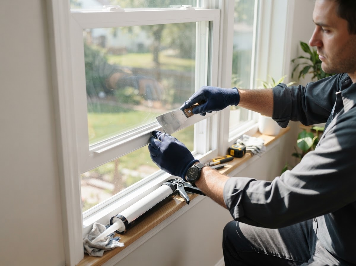 Window repair technician sealing and adjusting a residential window in Bowie, Maryland