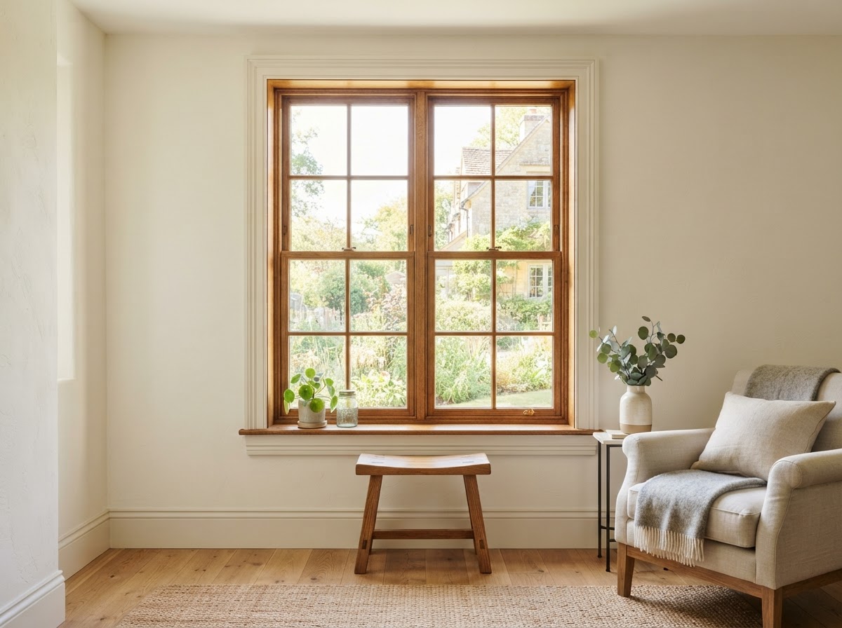 Wood-frame replacement window with natural interior trim on a Bowie, Maryland home
