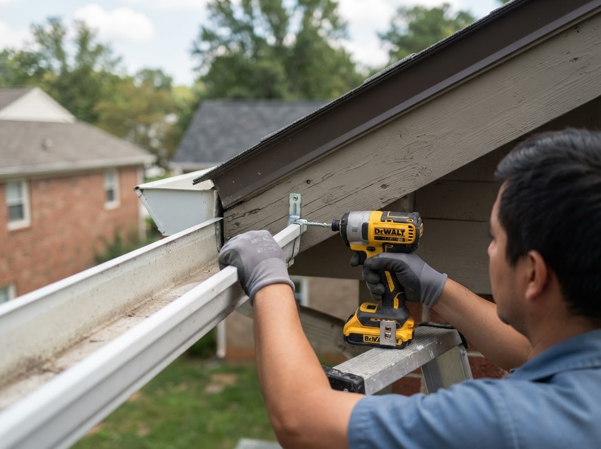 Residential gutter being re-secured along the fascia of a home near Bowie, Maryland