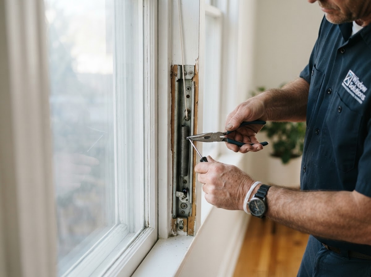 Window sash being repaired and balanced on a residential window in Bowie, Maryland