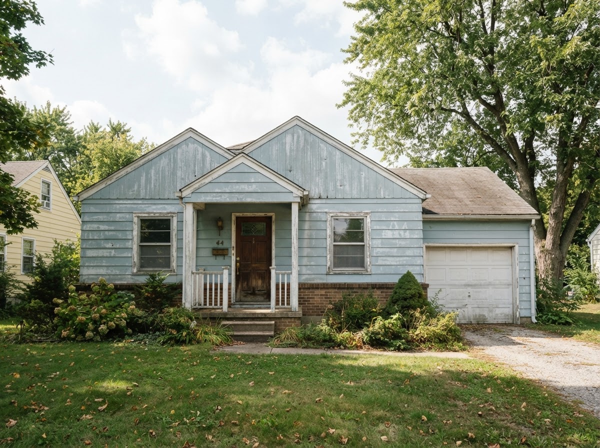 Older aluminum-sided suburban home exterior with faded chalky siding