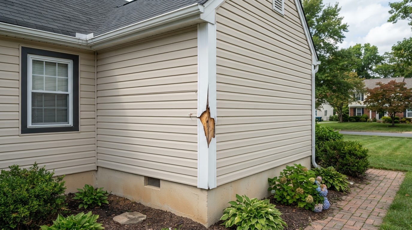 Vinyl siding corner post trim at an outside wall corner on a residential home near Bowie, Maryland