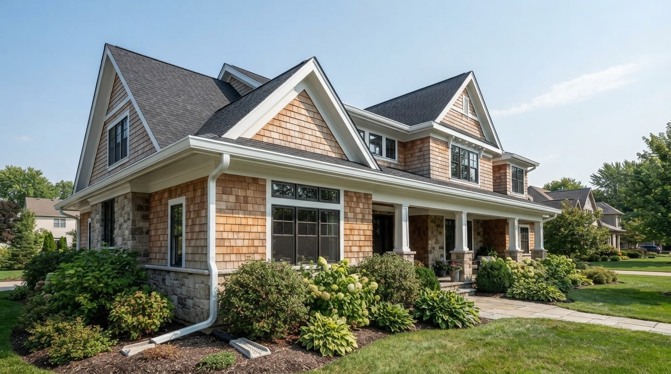 Oversized 6-inch gutter system on a large residential roof edge near Bowie, Maryland