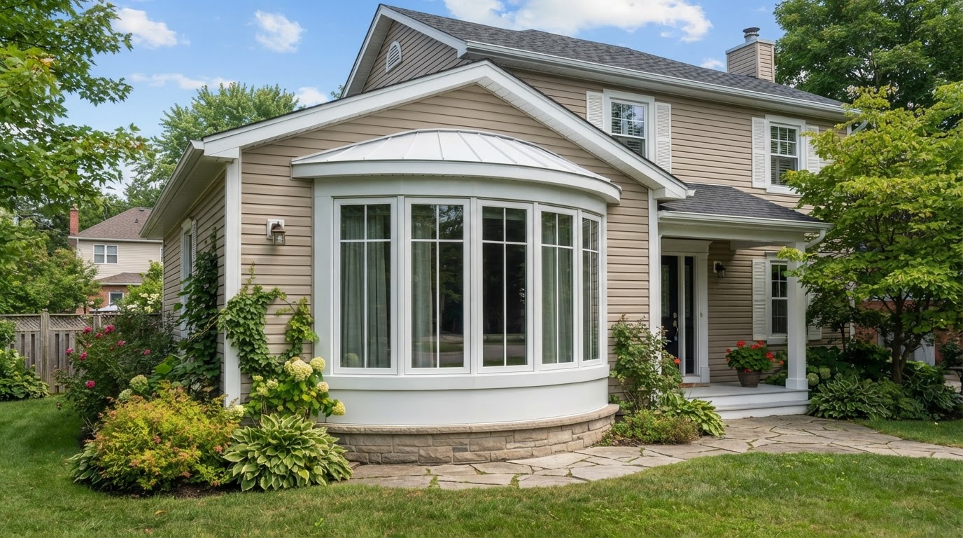 Bow window with curved multi-panel units on a suburban home