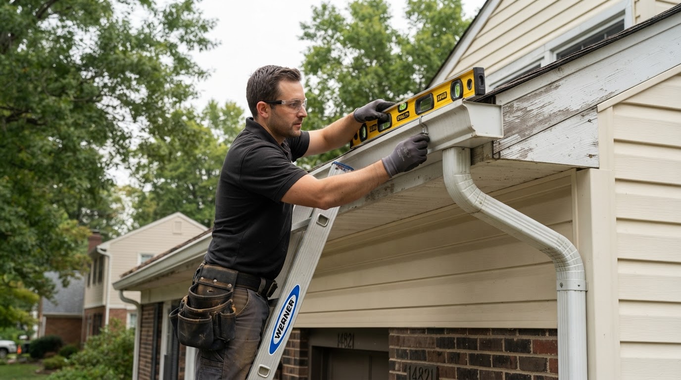 Gutter being repitched and aligned along a residential fascia near Bowie, Maryland