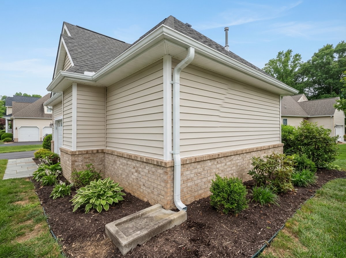 Newly installed downspout with a clear discharge path on a home near Bowie, Maryland