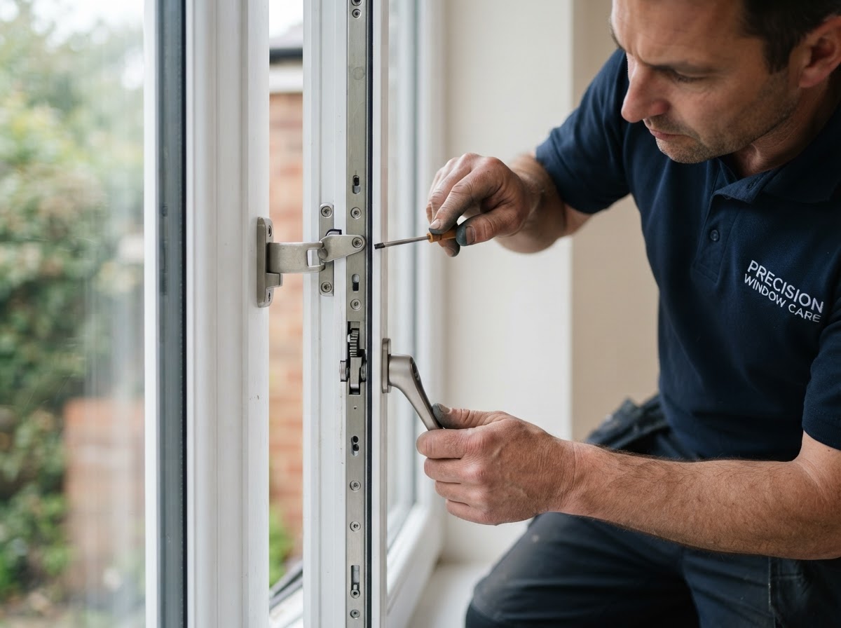 Technician repairing a casement window crank and lock hardware on a residential window near Bowie, Maryland