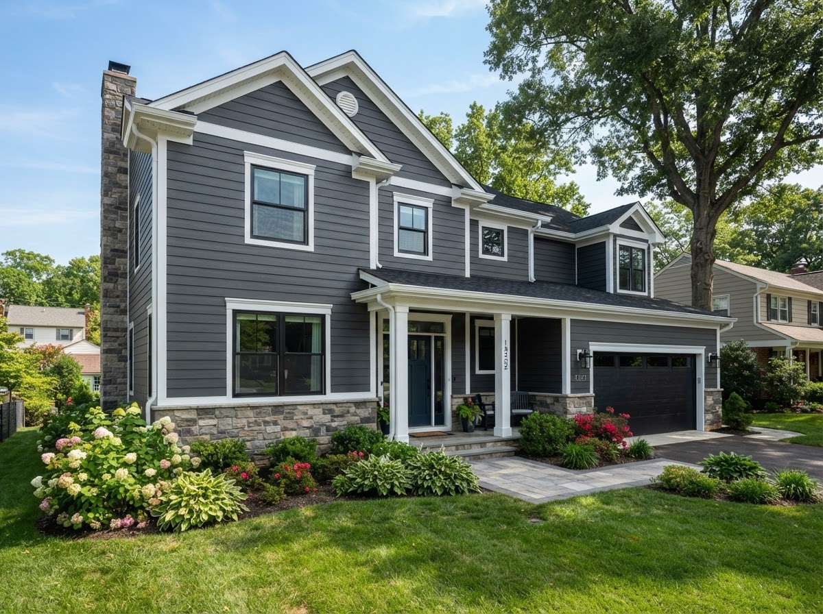 Vinyl and fiber cement siding installation on a residential suburban home near Bowie MD