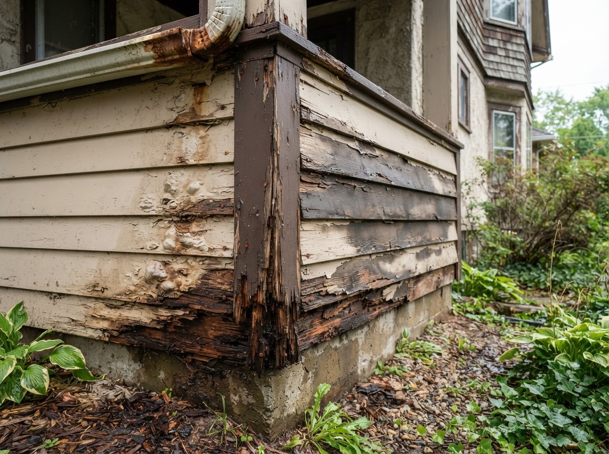 Water-damaged exterior siding and trim on a residential home