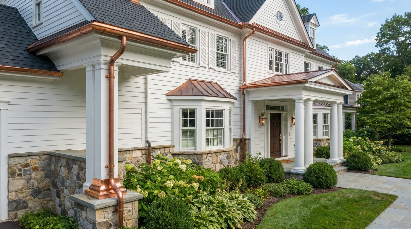 Copper gutter and downspout with developing patina on a residential exterior near Bowie, Maryland