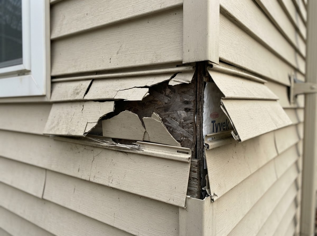 Damaged vinyl siding panel requiring repair on a residential exterior