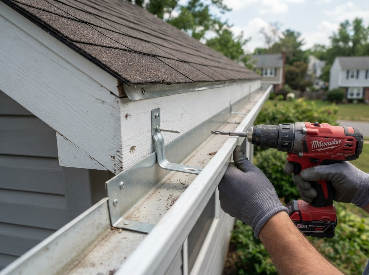 Gutter hanger and bracket being repaired along a residential roof eave near Bowie, Maryland
