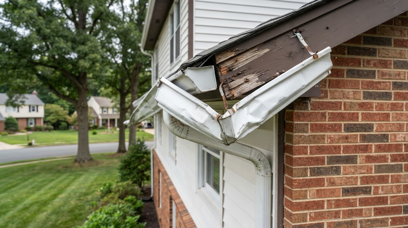 Storm-damaged residential gutter with a bent and pulled-loose section near Bowie, Maryland