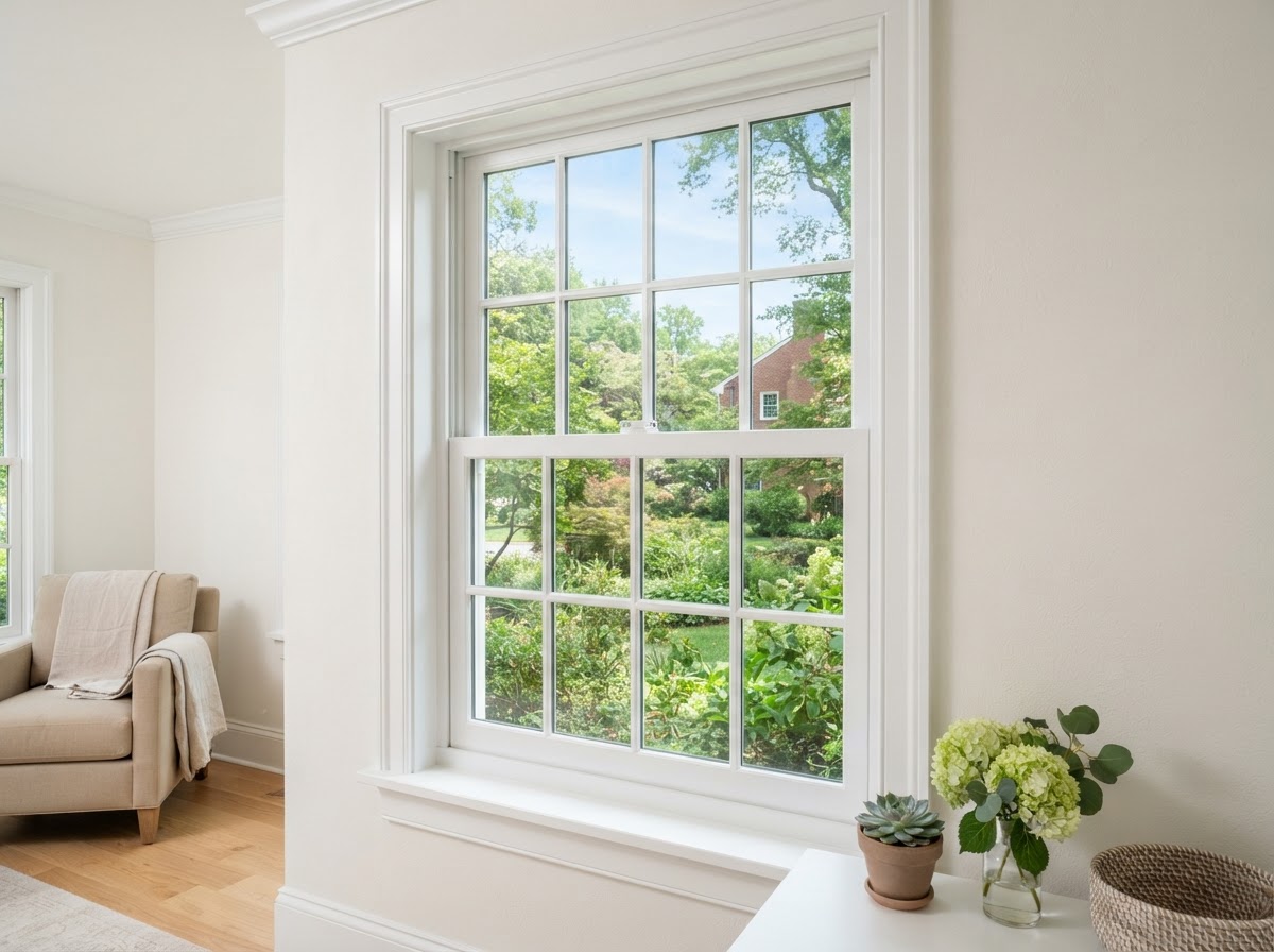 Double-hung replacement window with two vertical sashes on a Bowie, Maryland home