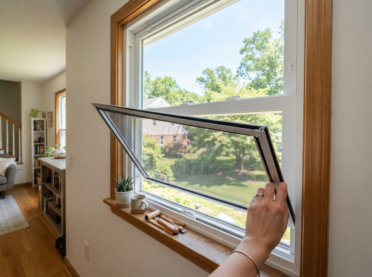Residential window with a removable insect screen being repaired on a Maryland home