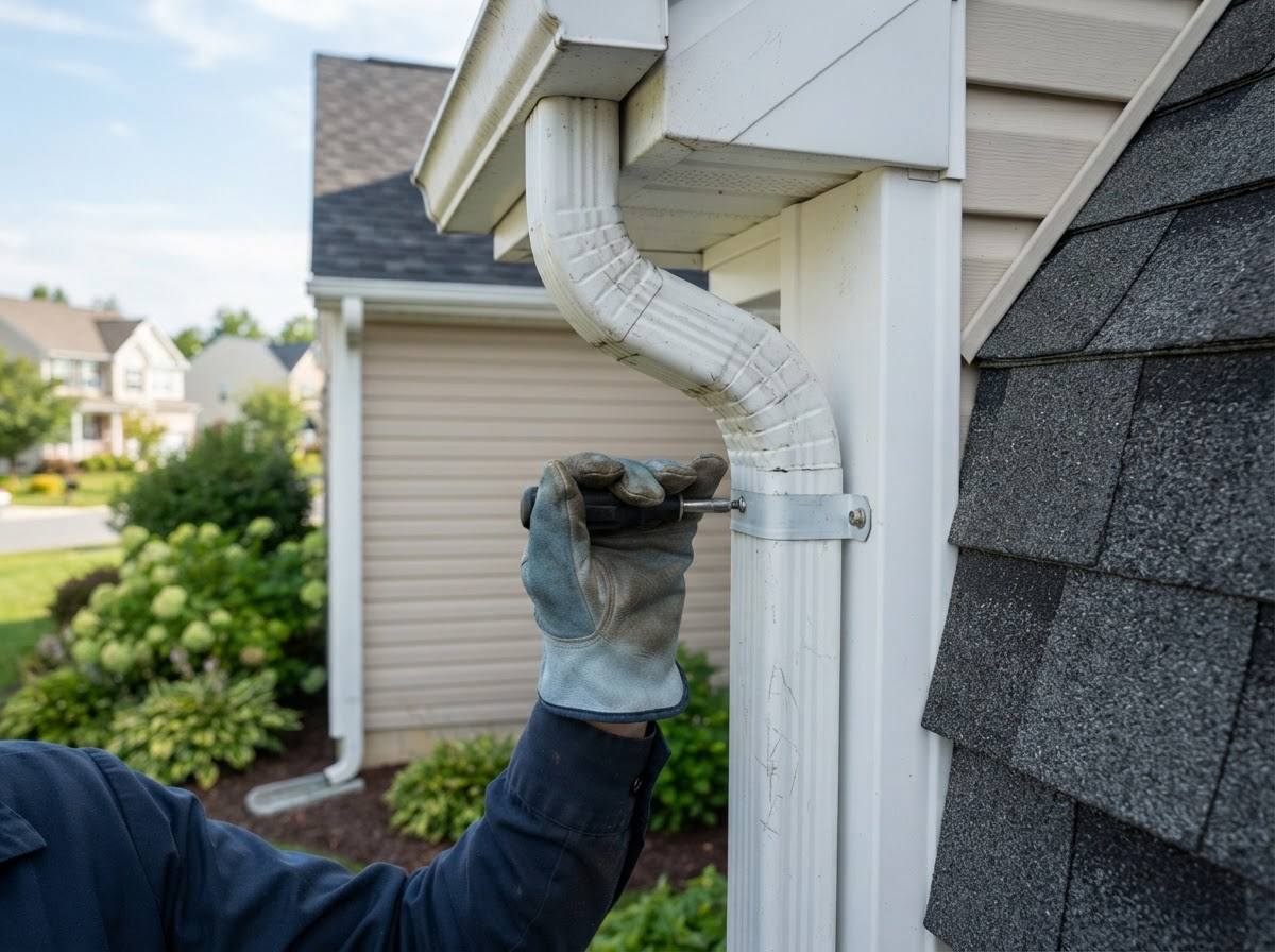 Downspout connection being repaired at the corner of a home near Bowie, Maryland