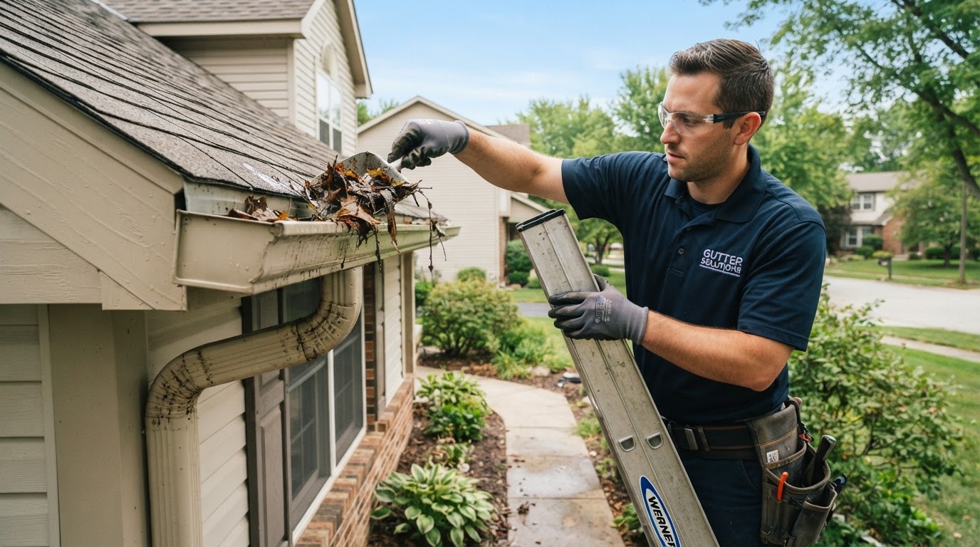 Downspout outlet being cleared of debris on a residential exterior near Bowie, Maryland