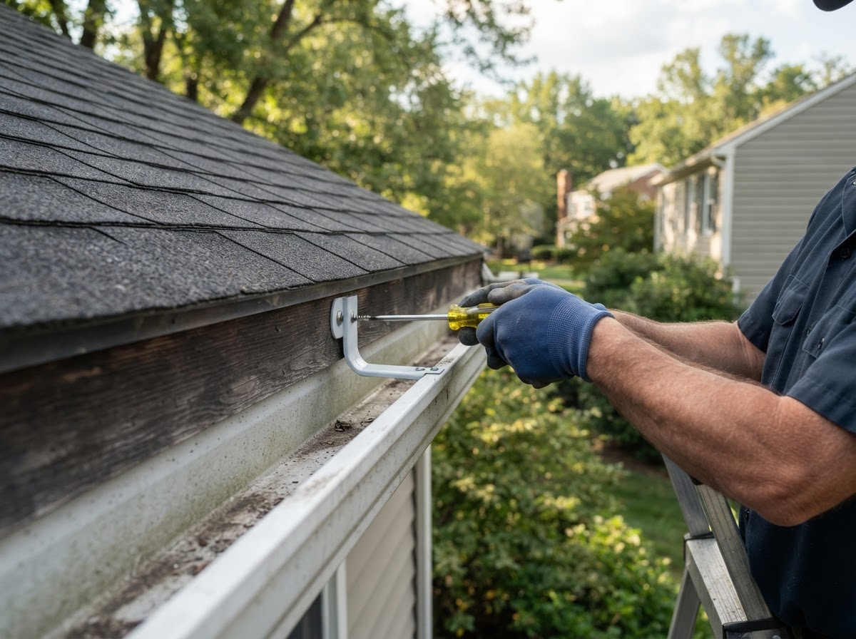 Gutter repair at a residential roof eave near Bowie, Maryland