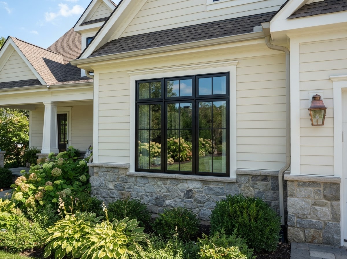 Fiberglass replacement windows installed on a residential home exterior near Bowie, Maryland