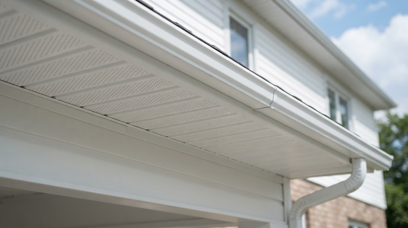 Vented soffit intake panels under a roof overhang on a residential home near Bowie, Maryland