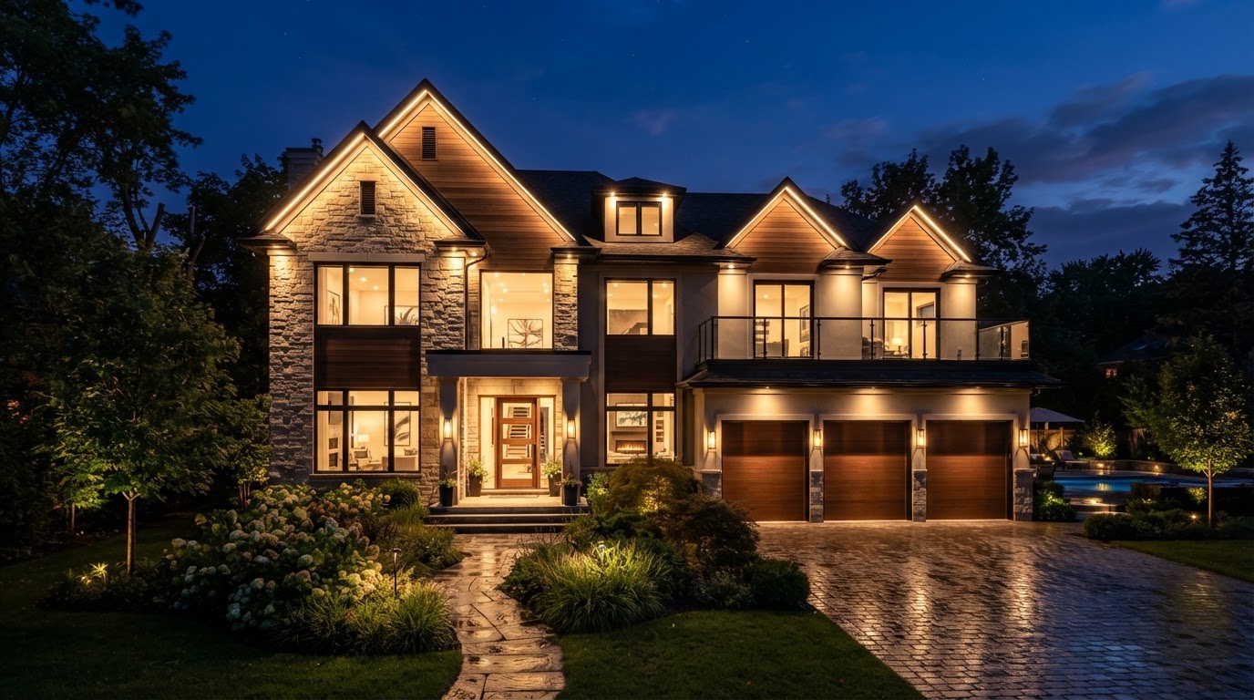 Warm White Architectural Wash — Elegant 8″ spaced downward accent lighting on luxury multi-gable estate.
